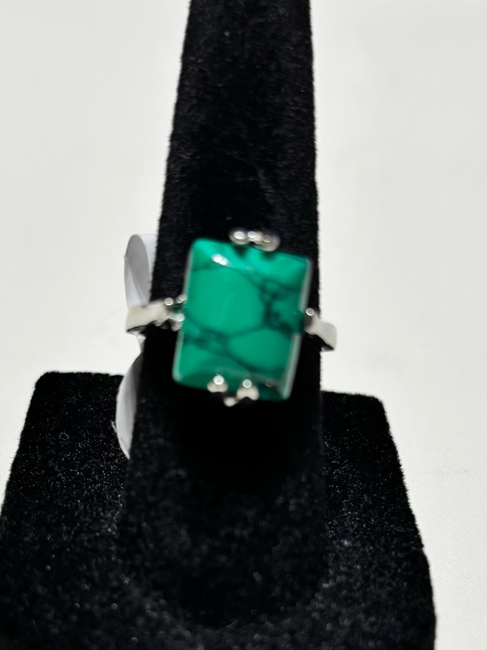 Green Turquoise Rectangle Stone & Silver Ring - Women Jewelry Size 7